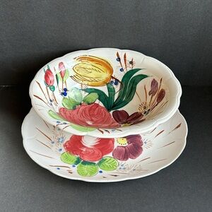 VTG Wheelock Ironstone Oval Serving Bowl w Under Plate Set Tulips Florals Wavy